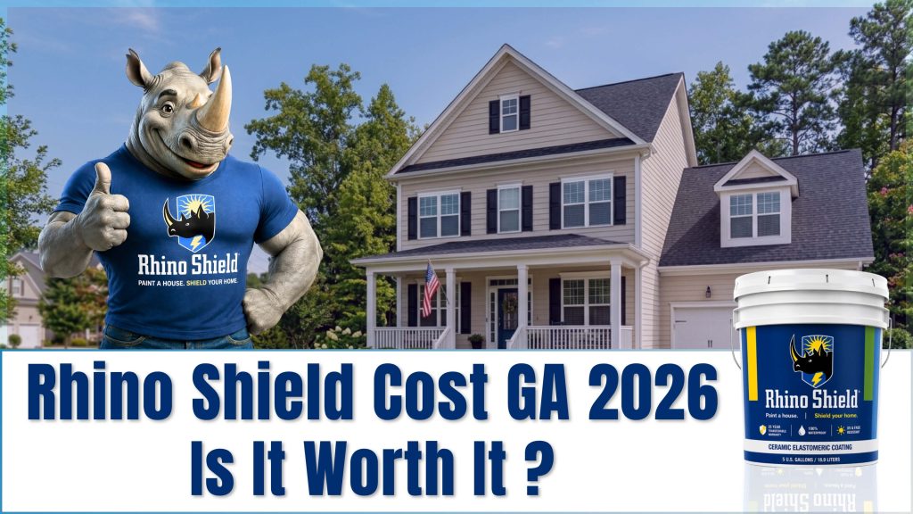 “Rhino Shield coating application on exterior home wall” “Painting contractor preparing a wall surface for coating.” “Before and after exterior house painting with Rhino Shield.” “Cost comparison infographic between paint and Rhino Shield”